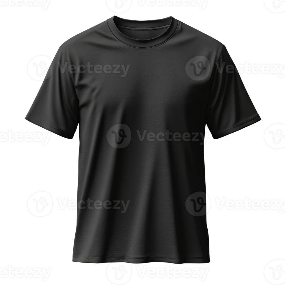 Plain black t-shirt on transparent background. Short sleeve shirt with soft folds. Casual wear apparel design. Round neck garment studio shot. png