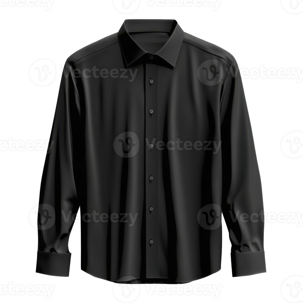 Black dress shirt. Long sleeves with cuffs. Classic collar and button closure. Isolated on a transparent plain backdrop. Fabric with subtle textures and folds. png