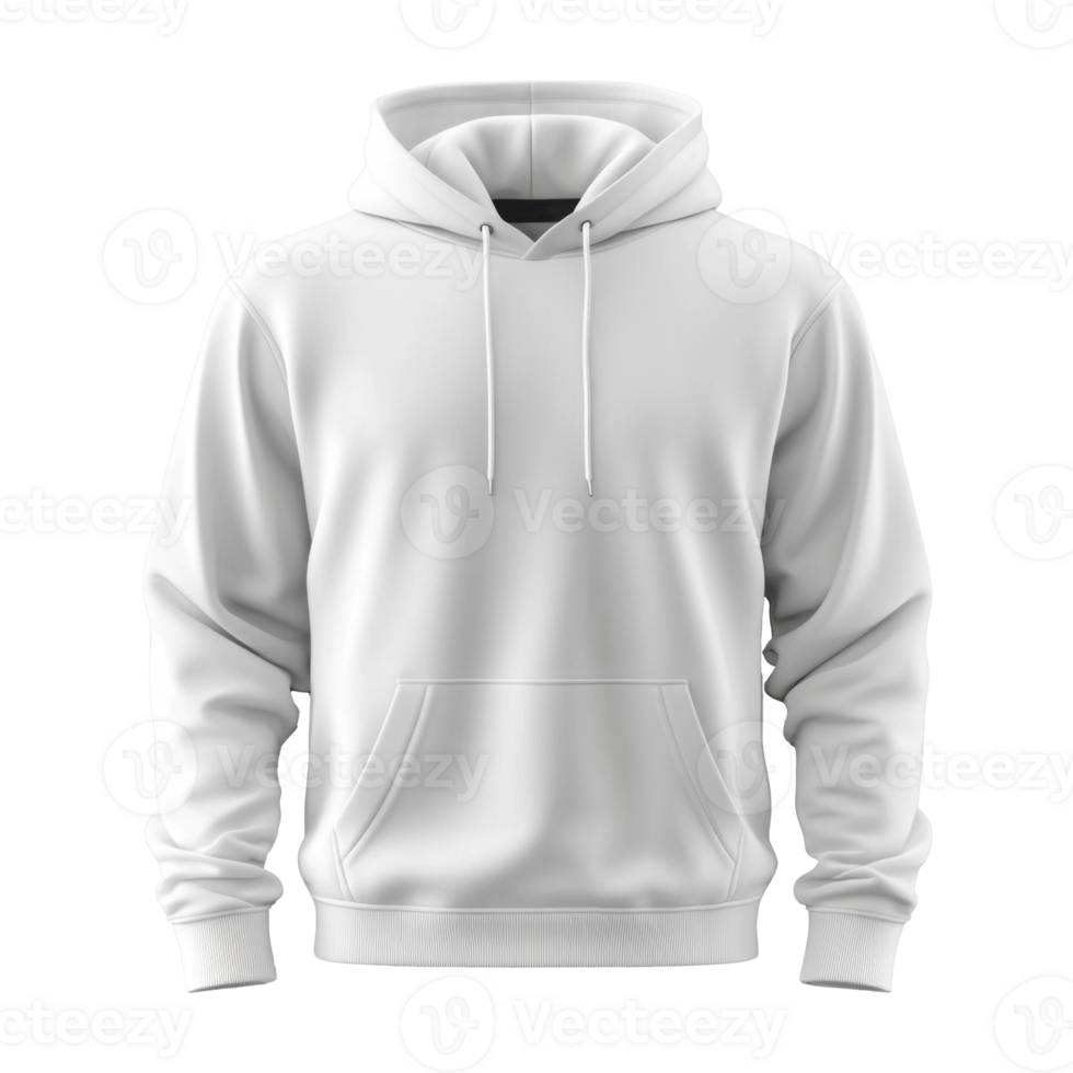 Isolated white hoodie. Pullover sweatshirt with hood. Soft fabric clothing. Studio shot of blank apparel. Casual style with pocket on transparent background. png