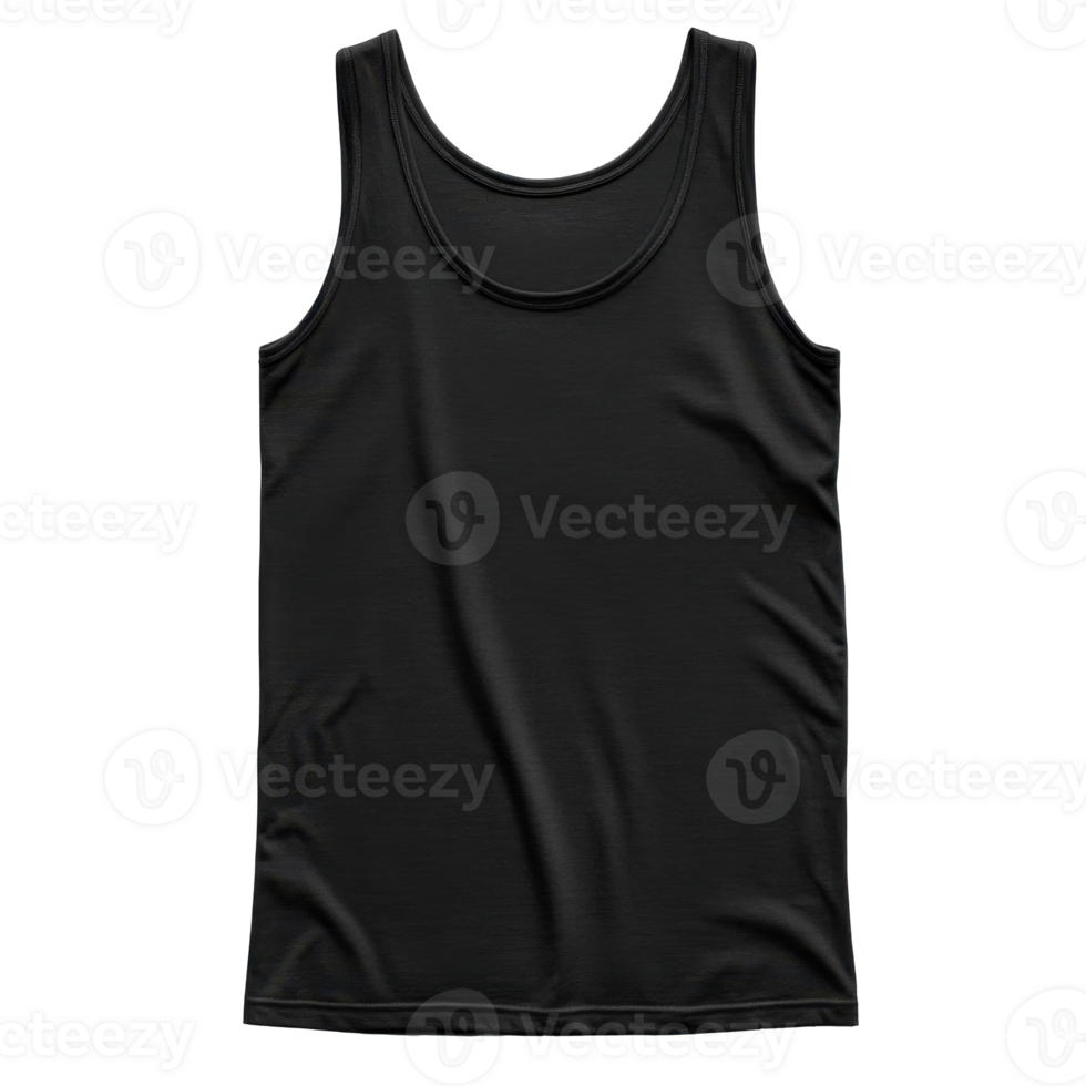 Plain black tank top displayed against transparent background. Sleeveless shirt with round neck collar. Simple clothing item studio shot. Textile surface with soft material texture. png