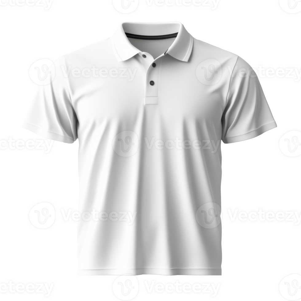 Plain white polo t-shirt displayed on transparent background. Cotton short sleeve shirt with collar and buttons. Clean apparel mockup for design template. png