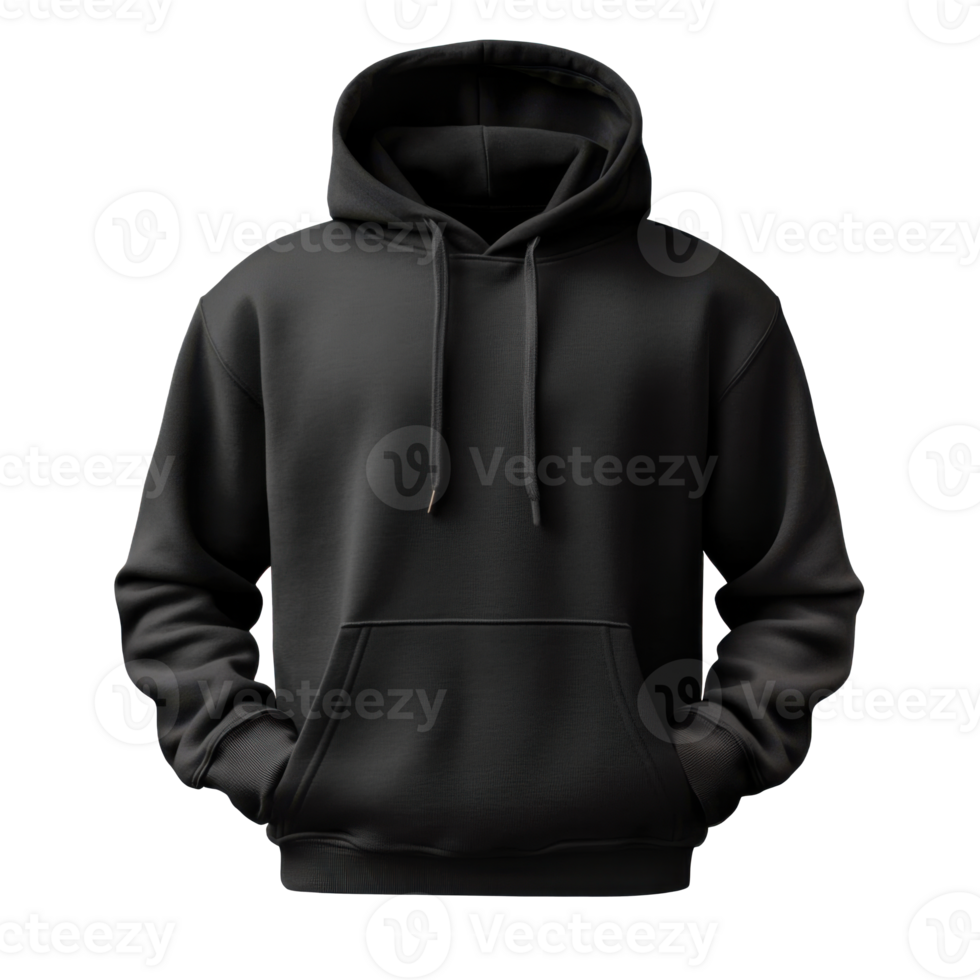 Black hooded sweatshirt with drawstrings and front pocket isolated on transparent background. Comfortable casual apparel for cool weather fashion template. png