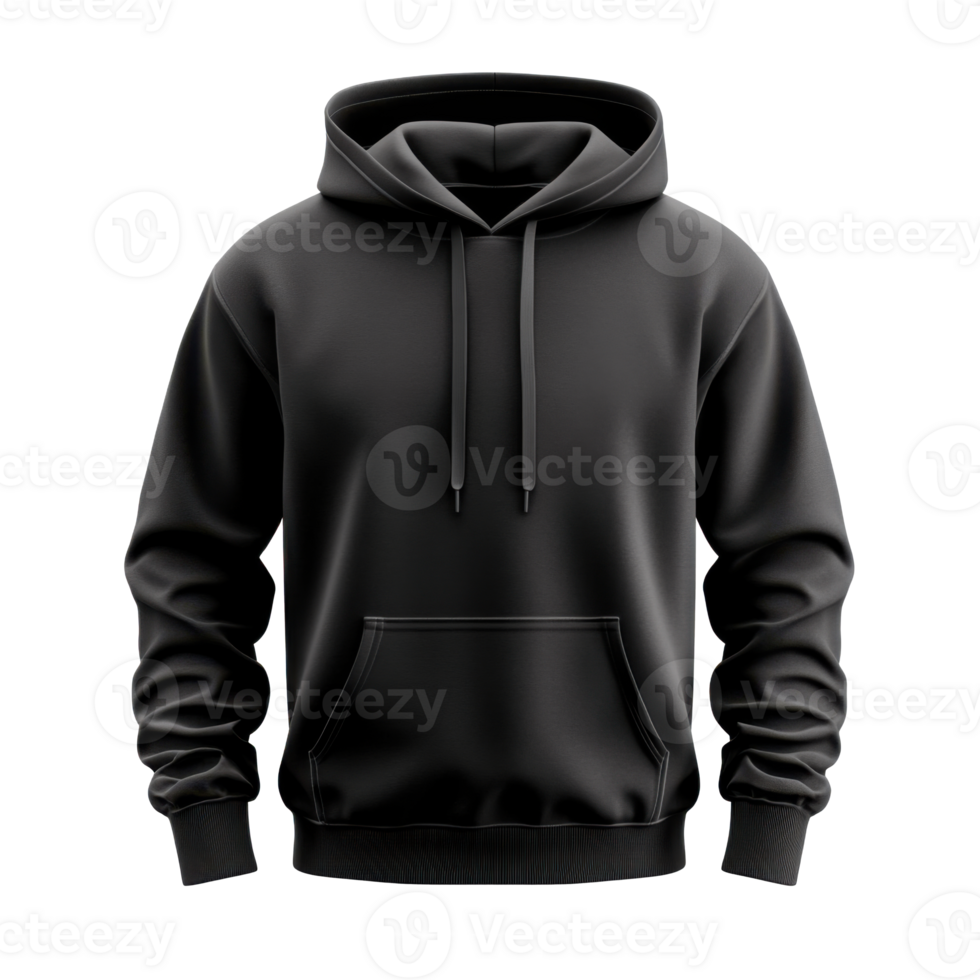Black hoodie displayed on transparent background. Pullover style hooded garment. Casual apparel with pouch pocket. Front view of blank hooded sweatshirt for branding. png