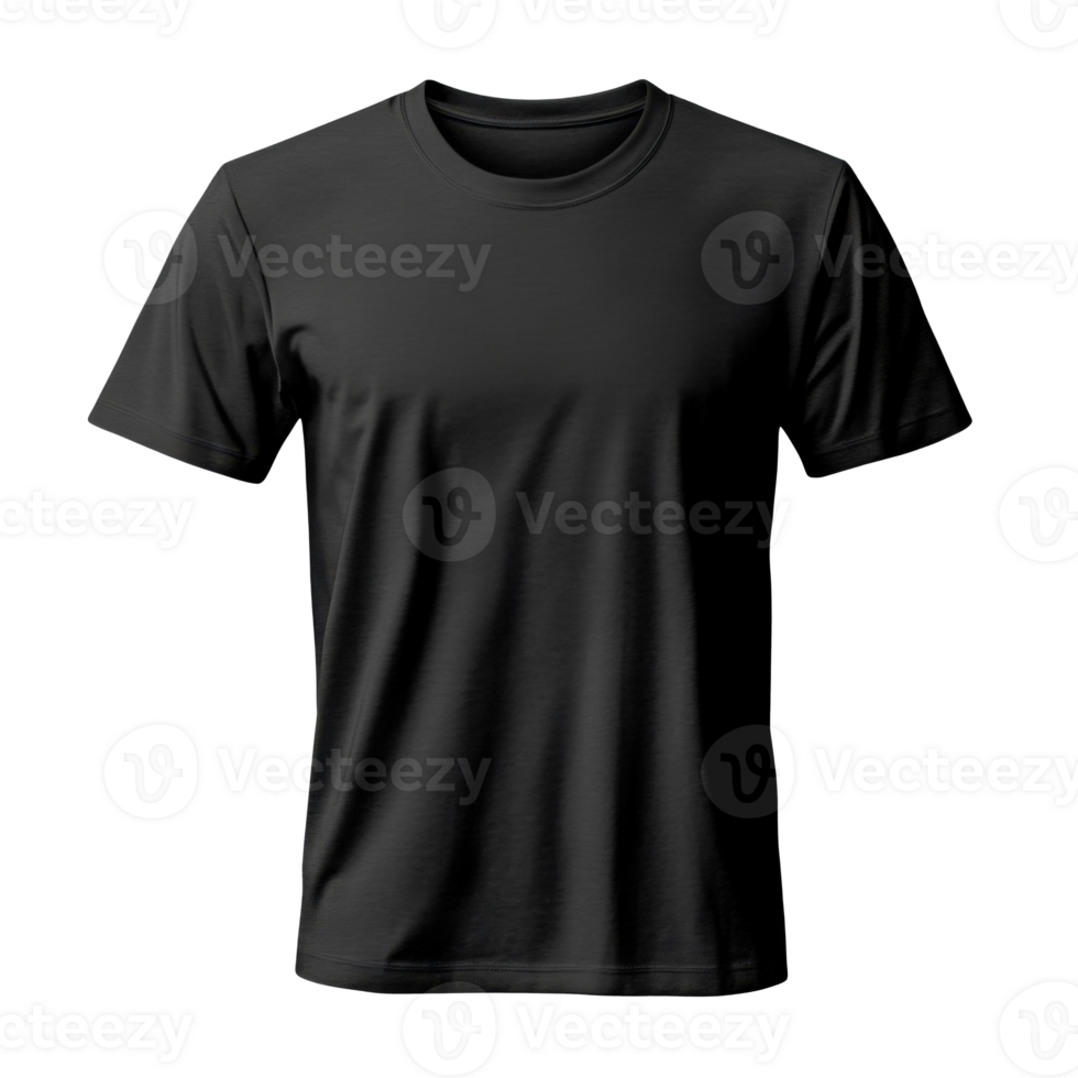 Black t-shirt mockup on a transparent background. Simple short sleeved garment. Blank apparel for design template. Plain shirt with space for text. png