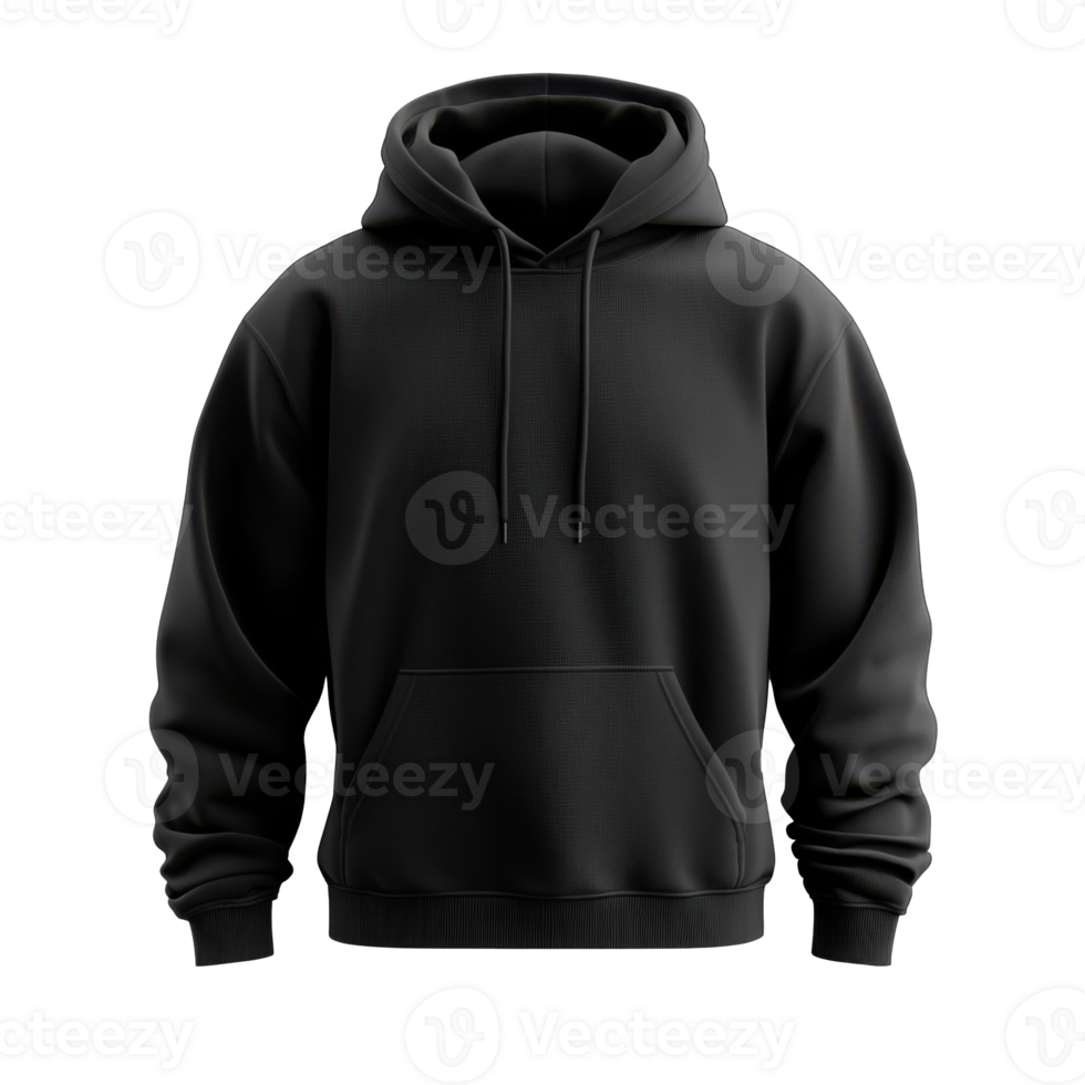 Black hooded sweatshirt on a transparent background. Hoodie with drawstrings and pocket. Clothing for cool weather. Comfortable casual apparel. Dark color fabric texture. png