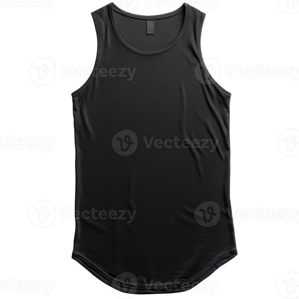 Simple black tank top displays on transparent background. The athletic shirt is sleeveless with a rounded hem. Fabric texture and form visible in the studio lighting. png