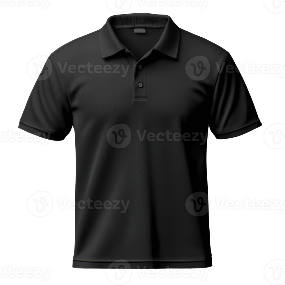 Plain black polo t-shirt displayed against a transparent background. Short sleeved shirt with collar and buttons. Simple casual wear with textured fabric. png