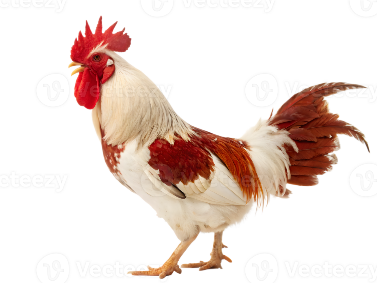 Majestic Red and White Rooster Standing Tall on Transparent Background png