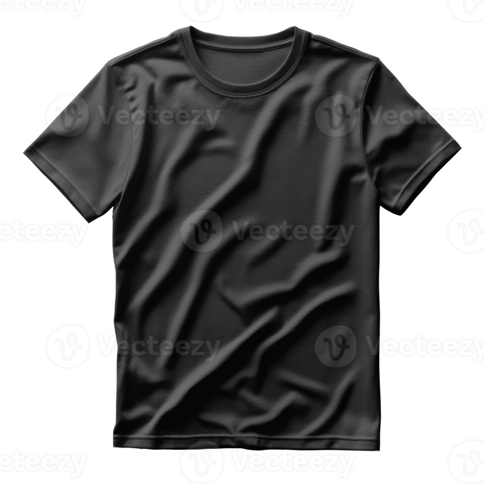 Black simple t-shirt lays flat on transparent background. Fabric texture visible with subtle folds and shadows. Short sleeves and round neck visible. png