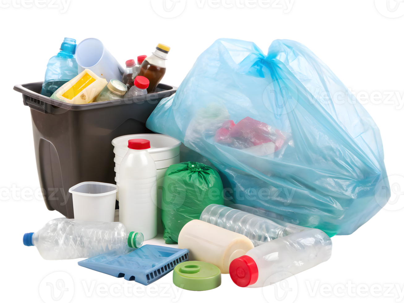 Recyclable Waste Pile with Blue Garbage Bag, Isolated on Transparent Background png