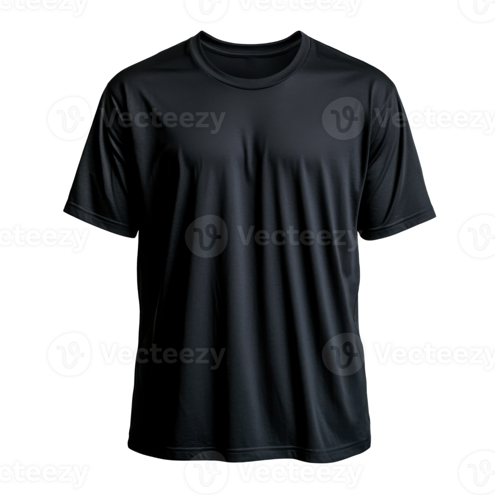 Plain black t-shirt displayed on transparent backdrop. Casual clothing item shown straight on. Basic blank apparel concept for design template. png