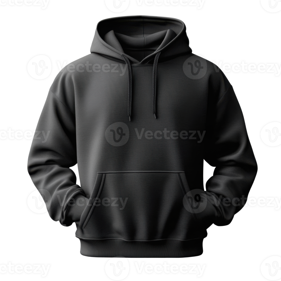 Black hooded sweatshirt on transparent backdrop. Casual apparel with pocket and strings. Hooded top with sleeves. Simple clothing for cold weather. png