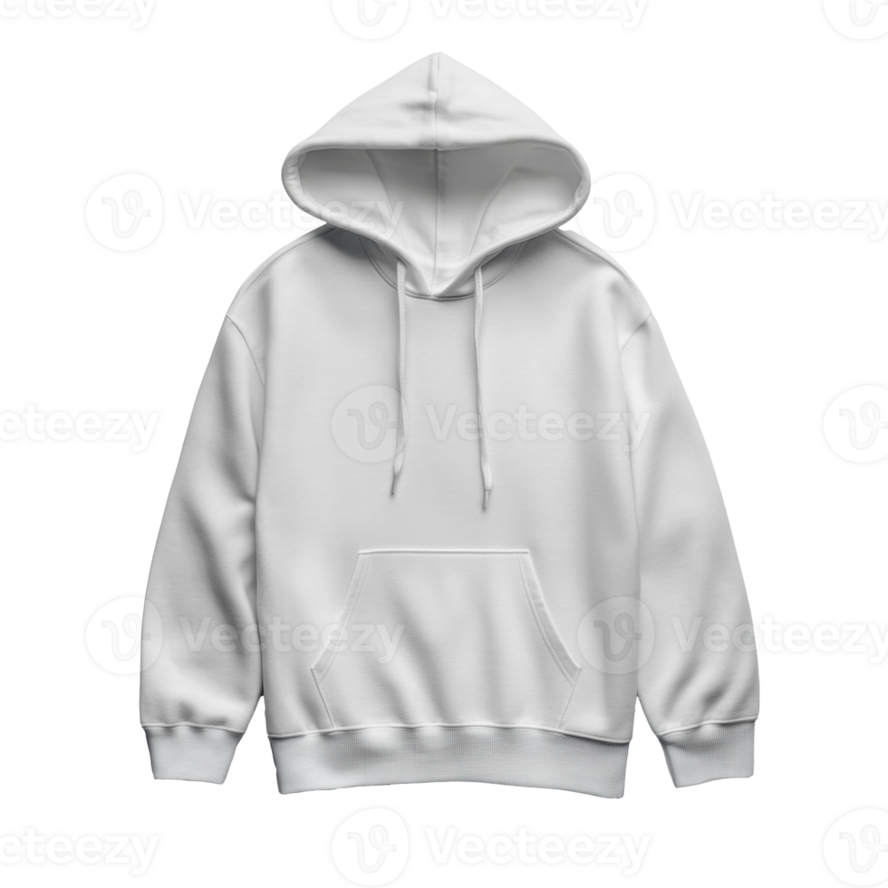 Isolated white hooded sweatshirt on a transparent background. Casual pullover with drawstrings and a kangaroo pocket. Plain cotton clothing for comfort and warmth. png
