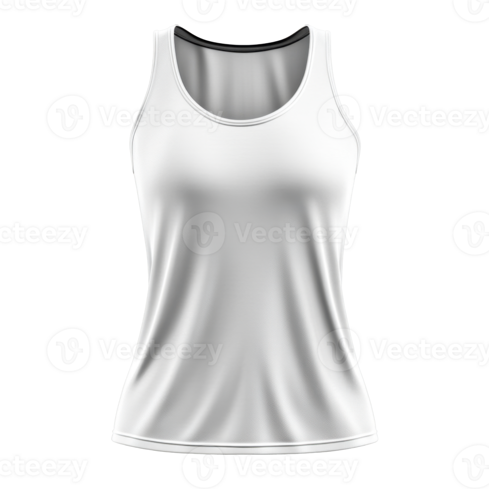 White sleeveless shirt with black trim. Fabric texture visible. transparent background. Sport casual apparel concept. Simple clothing design. Plain top for exercise. png