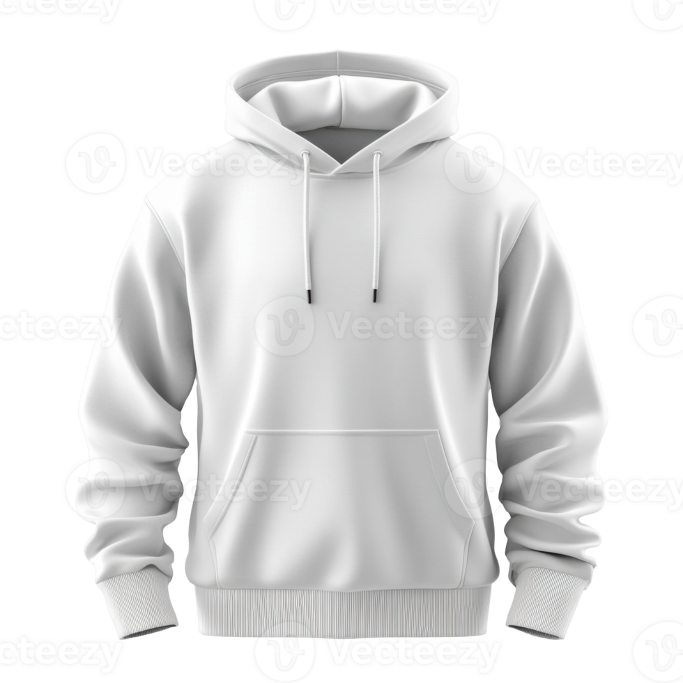 Isolated white hoodie sweatshirt displayed on a simple transparent background. Clean fashion item with drawstring and front pocket. Blank garment for clothing design templates. png