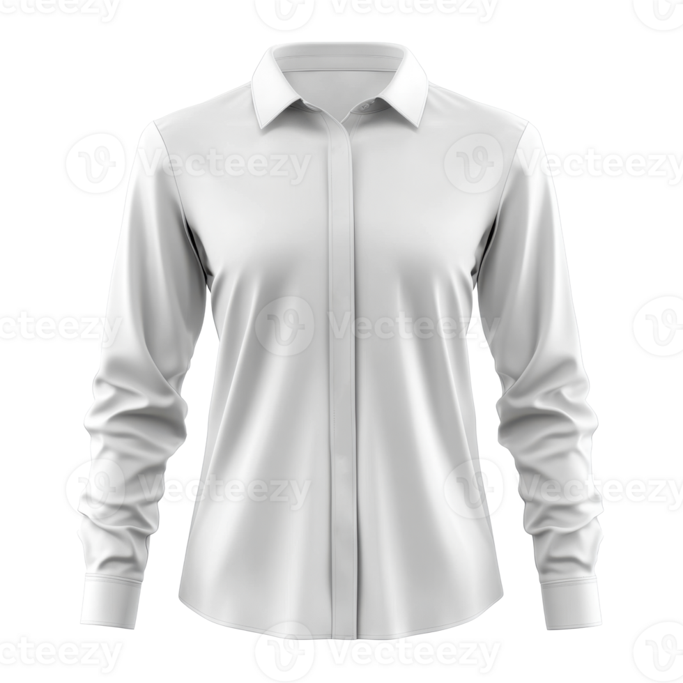 White long sleeve shirt isolated on transparent background. Buttoned collared shirt with sleeves. Wrinkle free garment. Classic style. Fashion apparel mockup template. png