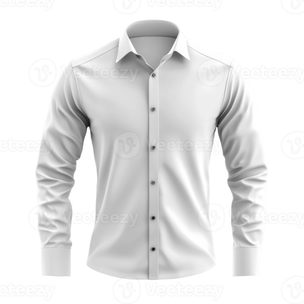 Clean white long sleeve shirt. Formal attire with buttons and collar on a transparent background. Detailed sleeves and seams visible. png