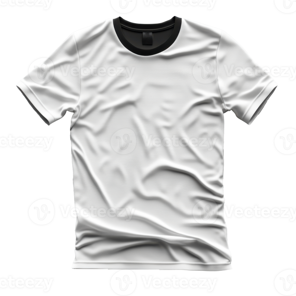 Wrinkled white t-shirt on transparent background. Apparel with black collar and short sleeves. Fabric is textured with many creases and folds. png