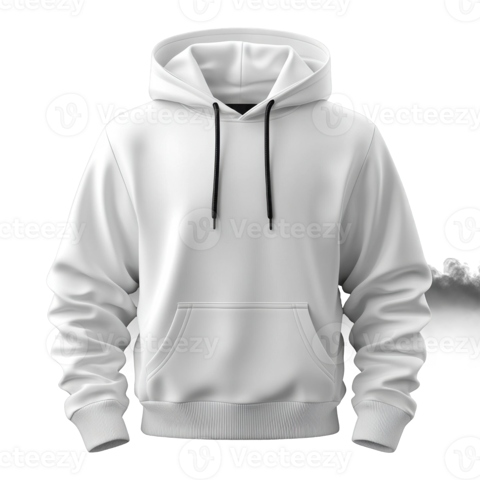 Clean white hooded sweatshirt with drawstrings. Simple design on transparent background. Clothing apparel mockup template. Casual blank hoodie with pocket and long sleeves. png