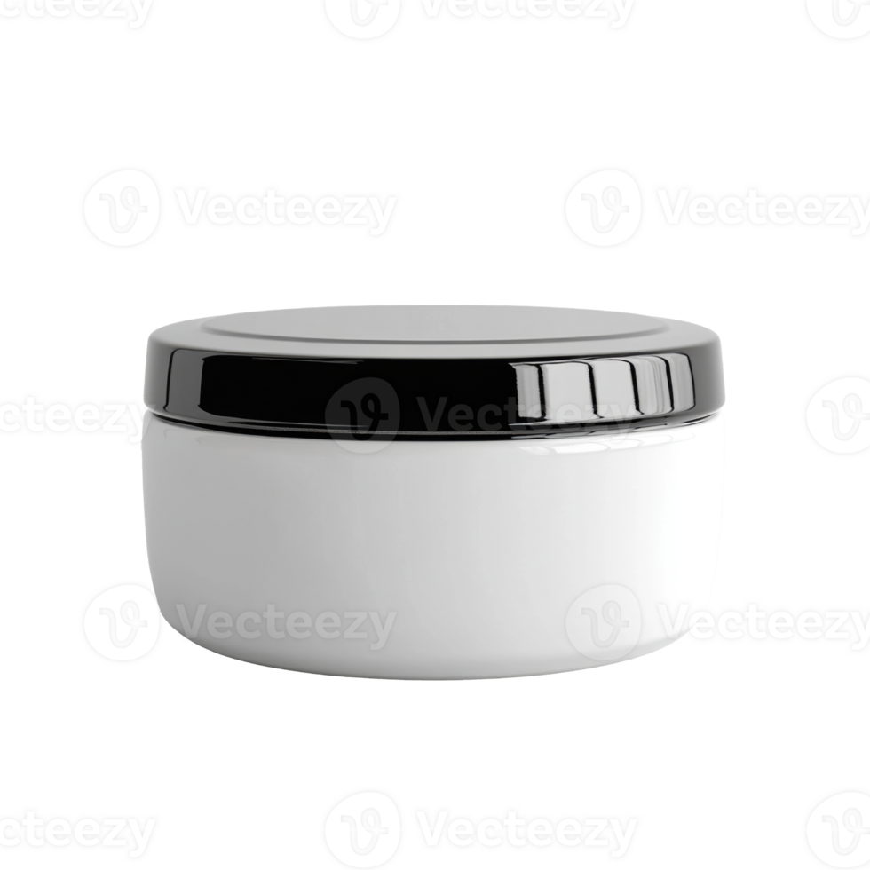White cosmetic jar with black lid on a transparent background. Round container for cream or scrub. Simple beauty product in clean style. png