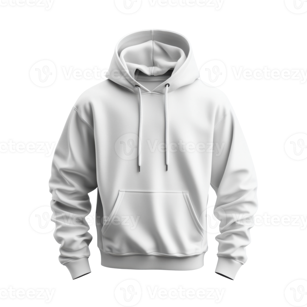 White hooded sweatshirt floating. Blank apparel for design. Front view of hoodie with strings. Isolated on transparent backdrop. Basic clothing item. png