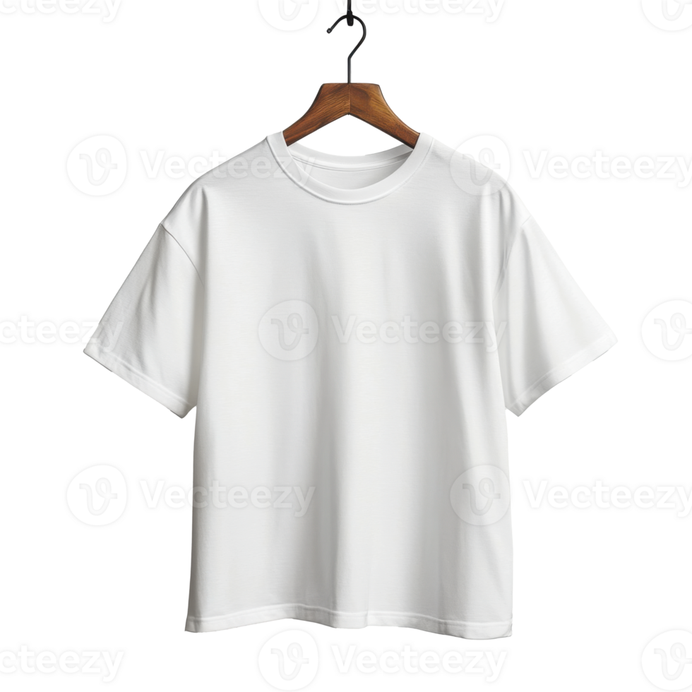 White t-shirt hanging on wood hanger. Garment on a transparent isolated background. Basic clothing for apparel mock up. Blank template for design. png