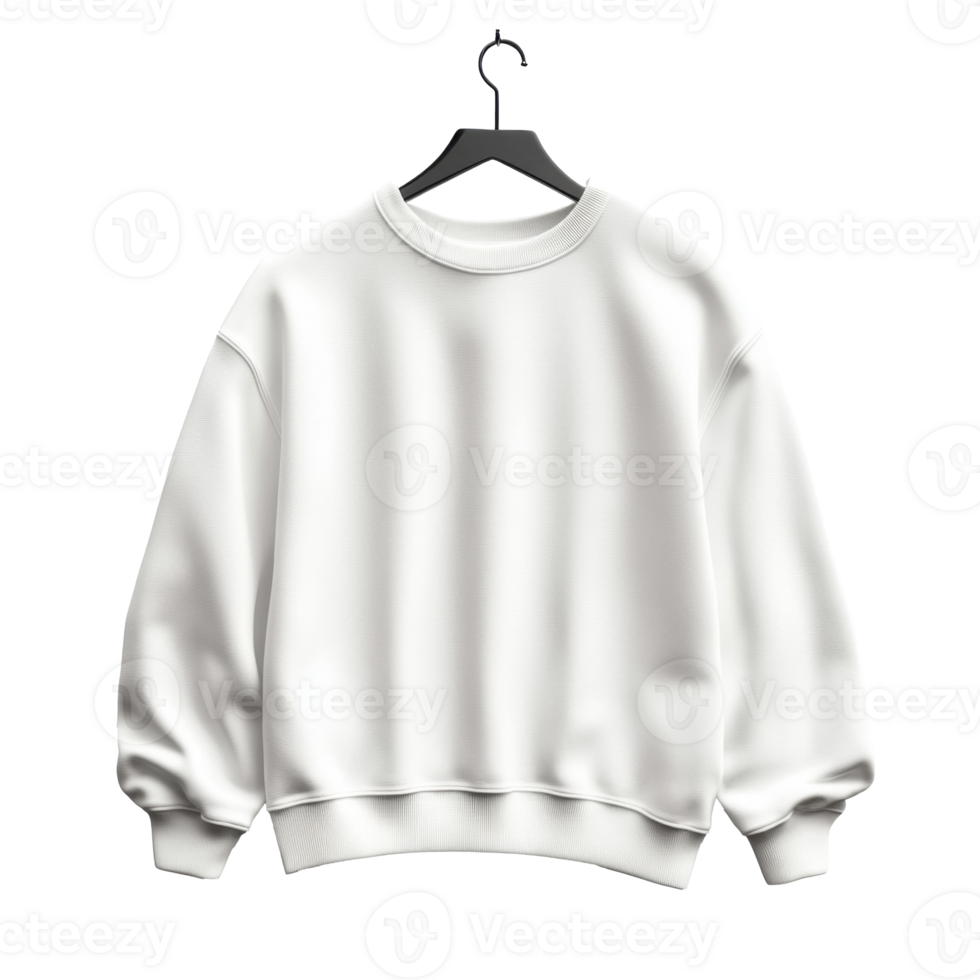 White sweatshirt hangs on black hanger. Simple round neck top for casual style. Blank garment against transparent background. Clothing design and fashion apparel. png