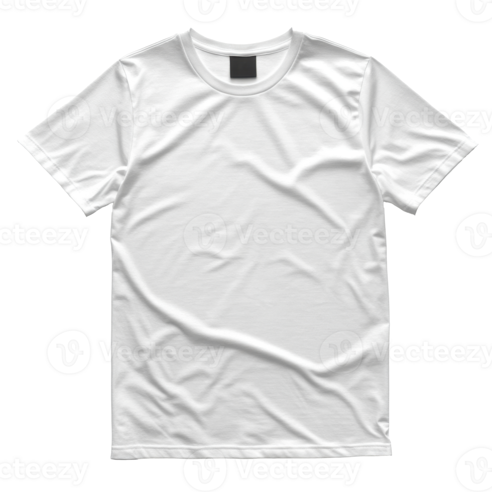 White t-shirt flat lay on transparent backdrop. Simple short sleeve shirt with tag. Clothing apparel template for design. Cotton fabric texture detail. png