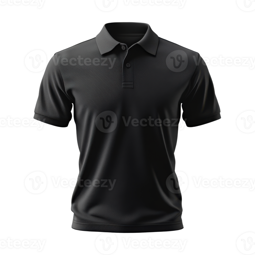 Isolated black polo t-shirt floating on transparent background. Plain clothing mockup. Short sleeves and collar visible. Two buttons. Close up detail. png