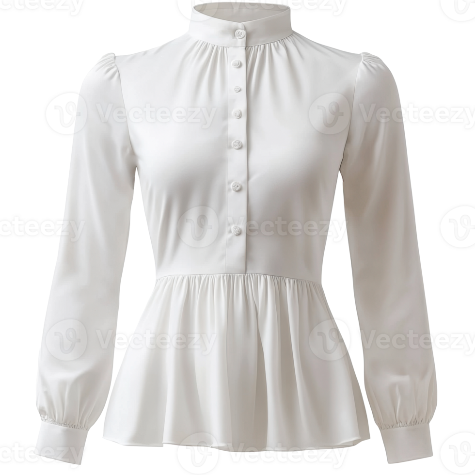 White blouse with long sleeves and buttons. High collar and gathered waist detail. Garment isolated on transparent background. Clothing mock up fashion style. png