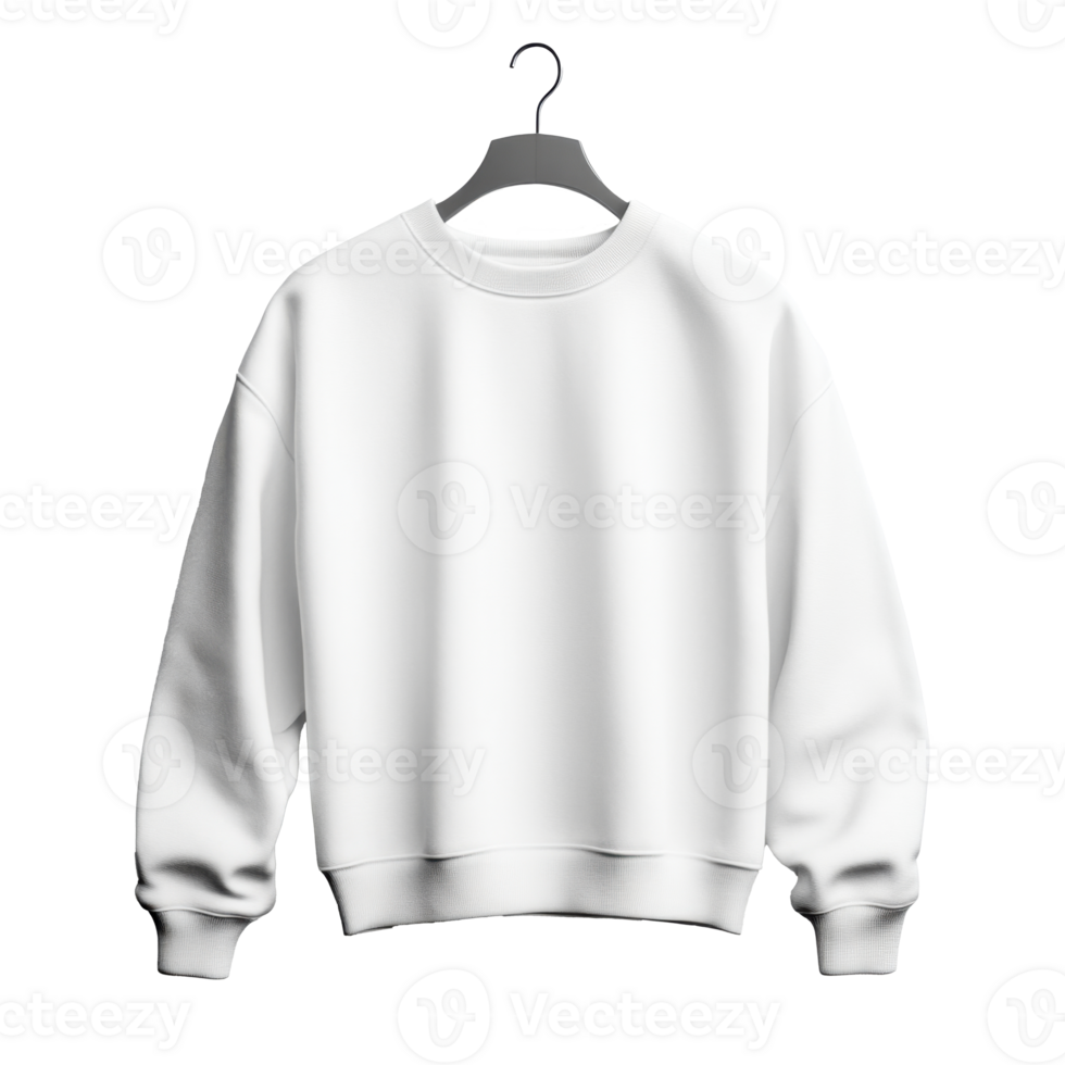 White sweatshirt hangs on gray hanger. Plain fabric garment. Comfortable clothing on transparent background. Studio shot of apparel with sleeves and round neck. png