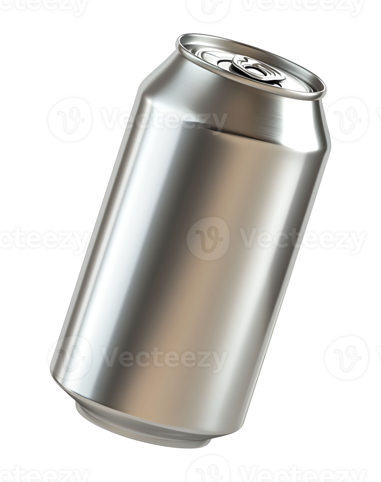 Metallic silver beverage can for mockup lying on its side, showcasing a sleek design with a reflective surface png