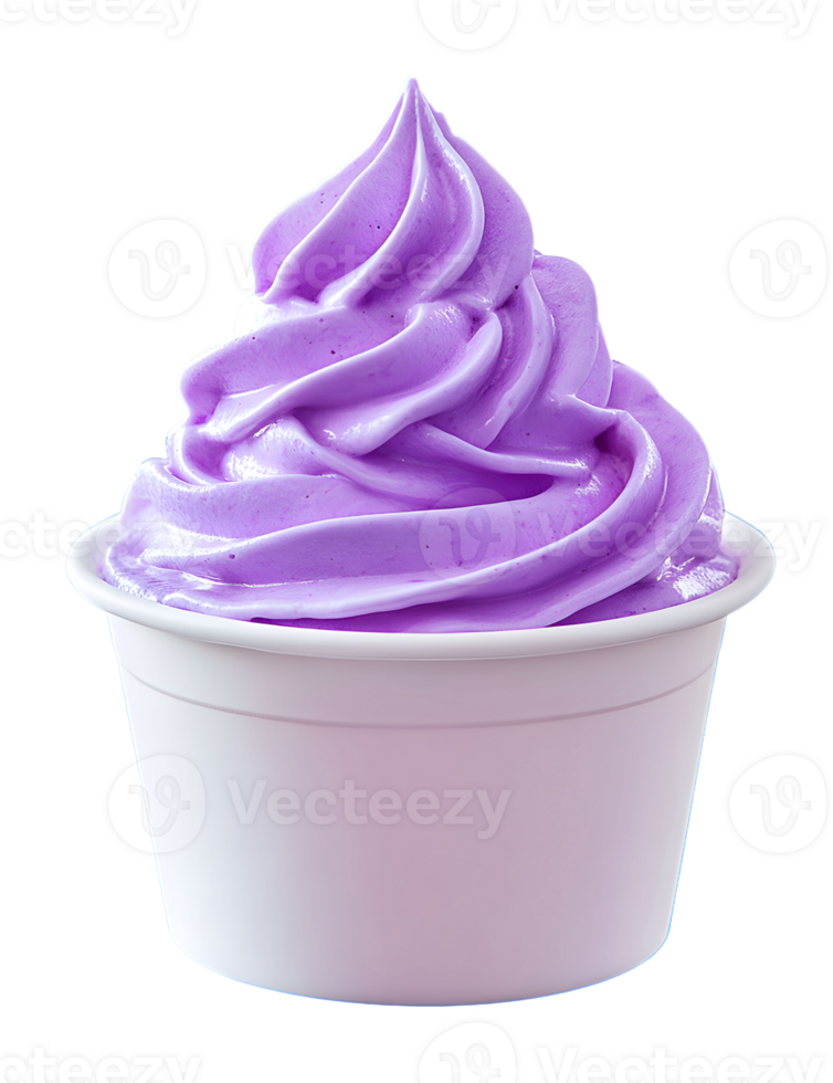 Delightful purple soft serve dessert served in a white cup for mockup. png