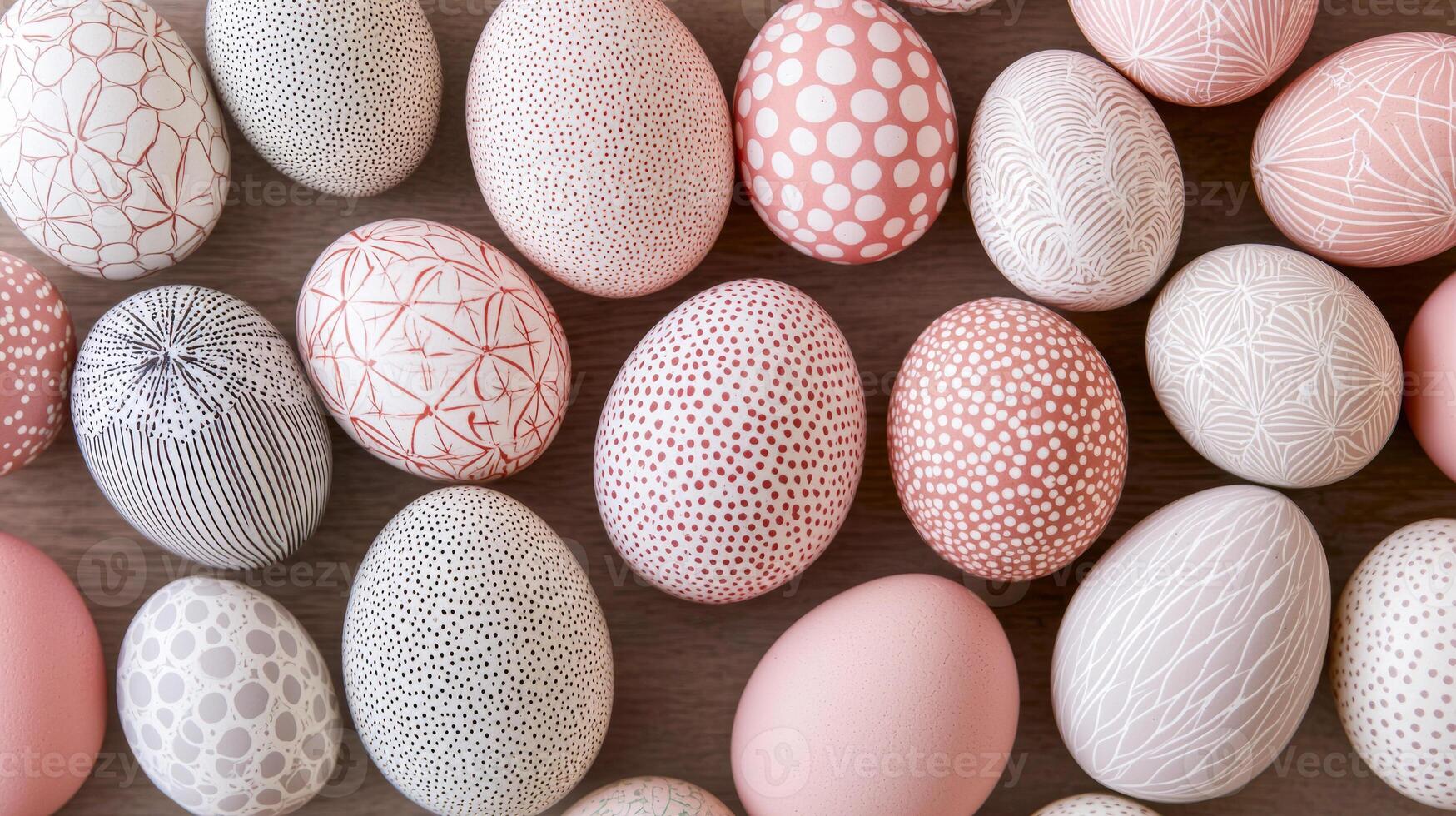 A collection of intricately patterned eggs in soft pastels arranged on a wooden surface. Concept of Easter decor, artistic design, spring celebration photo