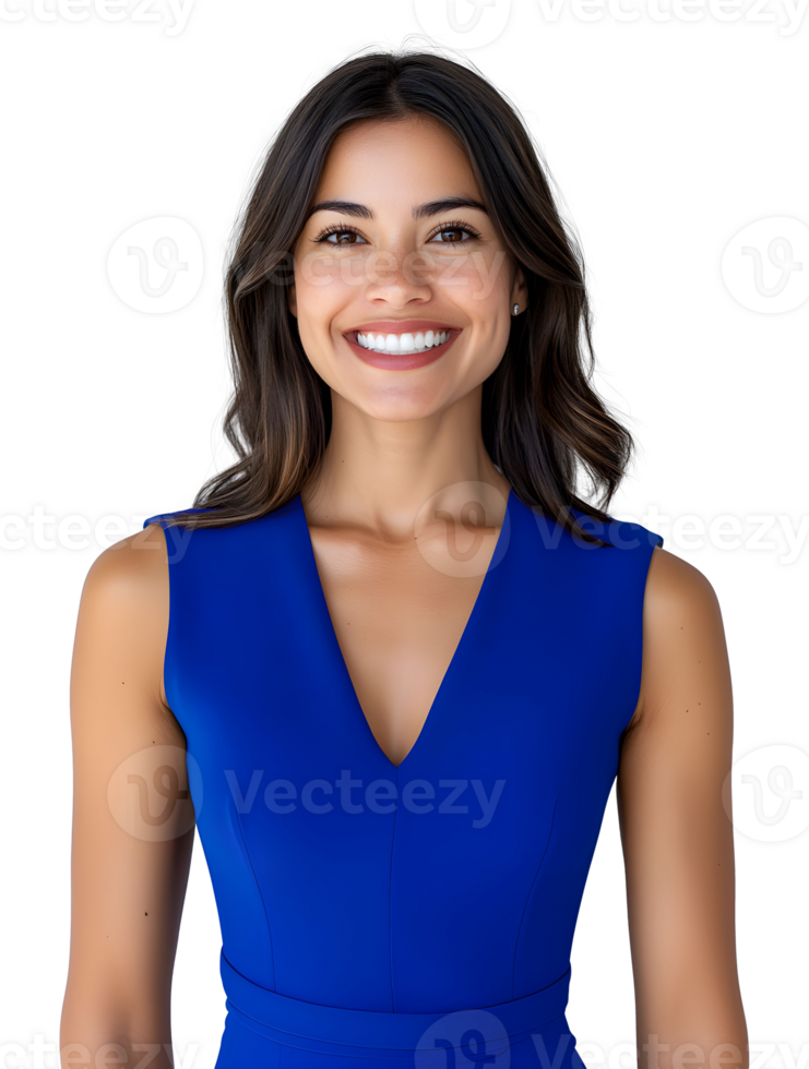 Smiling woman in blue dress showcasing a confident expression. png