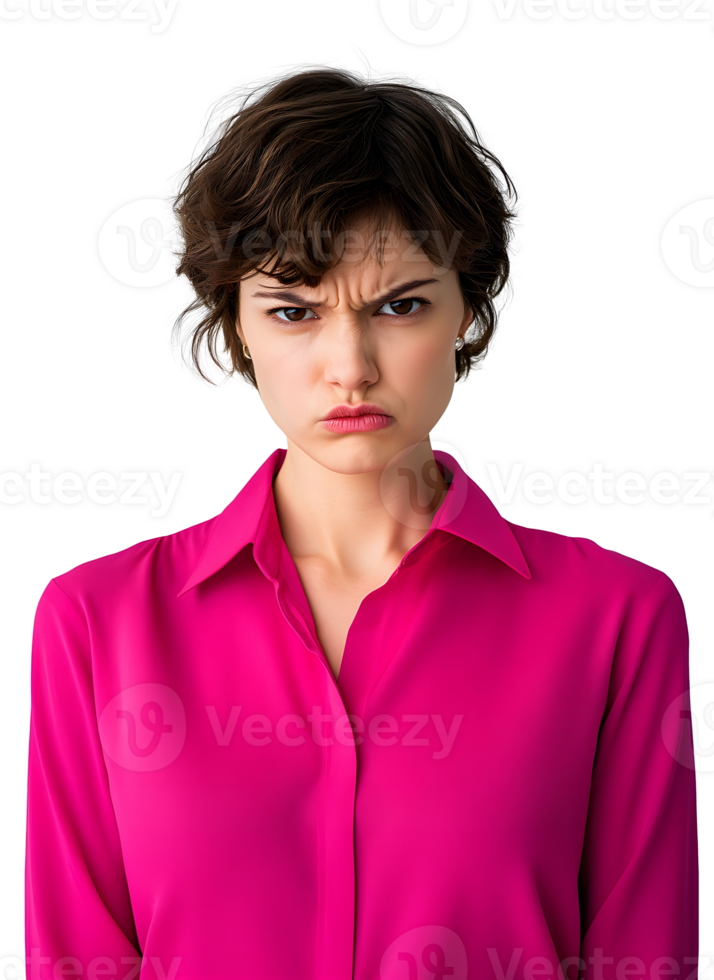 A young woman in a pink blouse. There is an emotion of discontent on her face. png