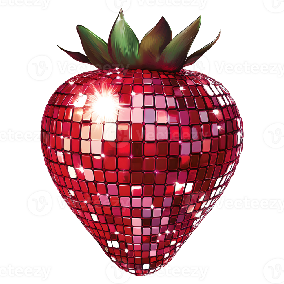 Glistening disco strawberry with vibrant red color and reflective surface, perfect for a fun party atmosphere png
