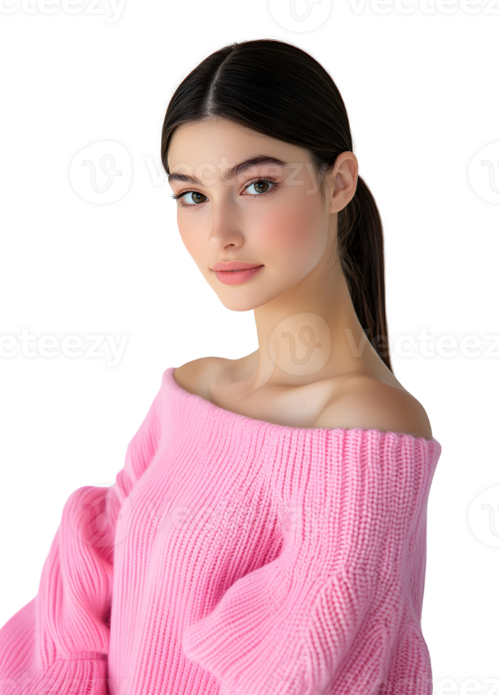 A young woman in a pink sweater. There is an emotion of calm on her face. png