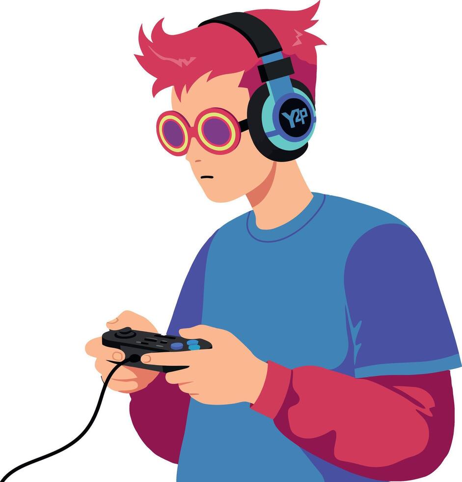 Young gamer with pink hair wearing headphones and sunglasses engaged in gaming flat art vector