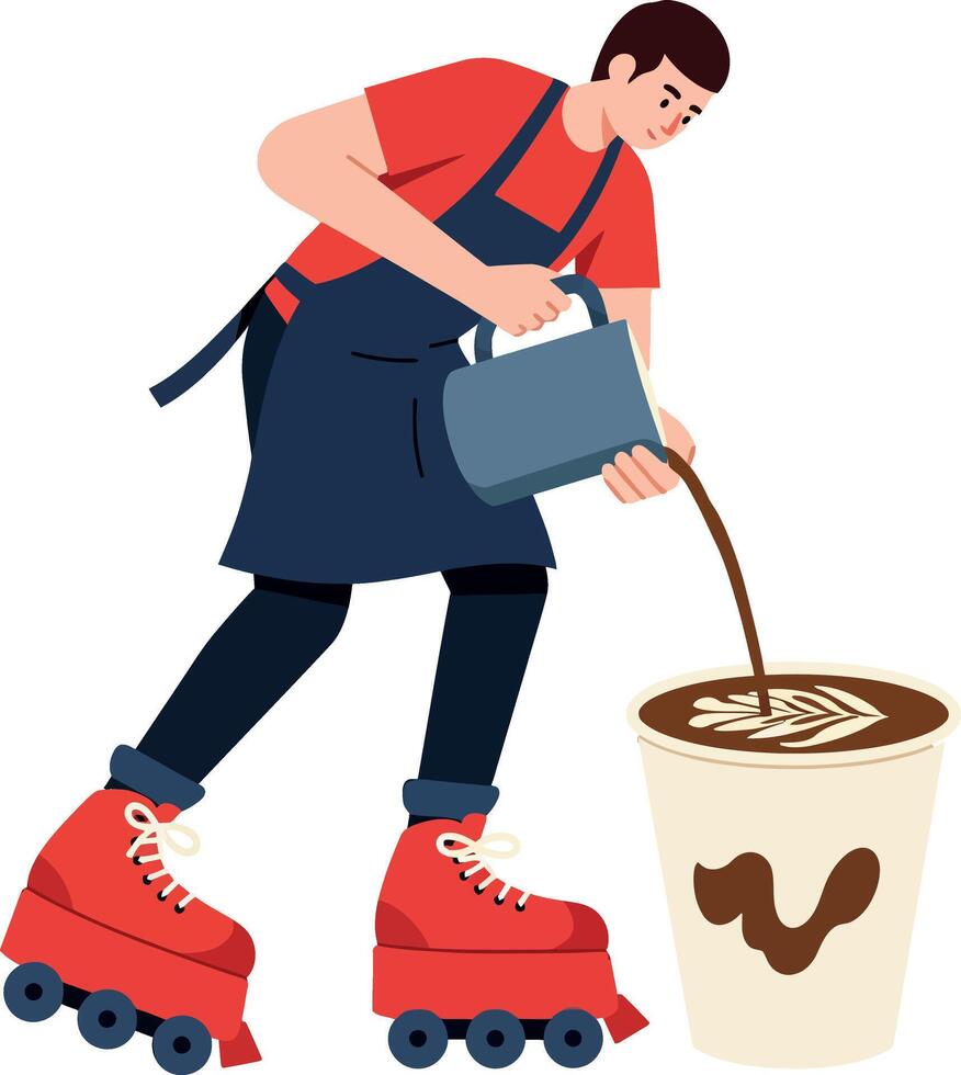 A young man on roller skates pouring coffee into a cup in a flat illustration vector