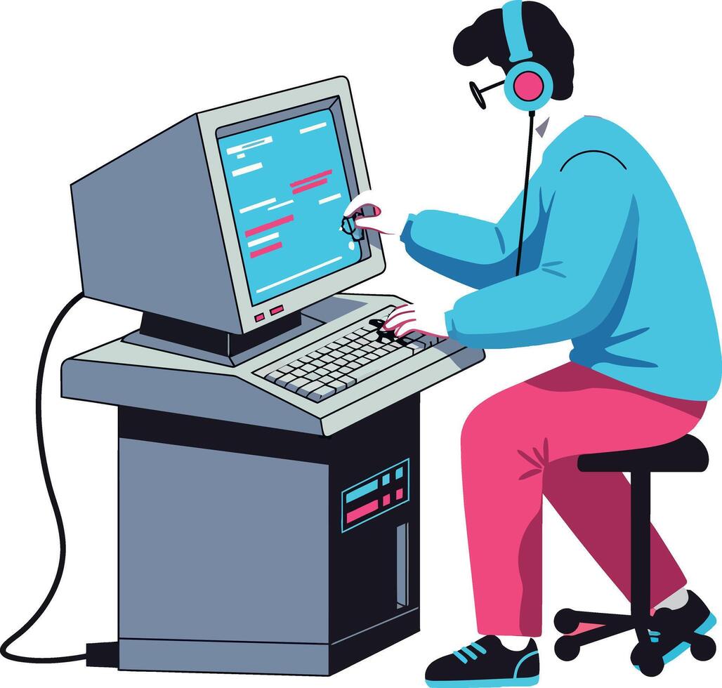 Young man coding on retro computer with headphones in flat art vector