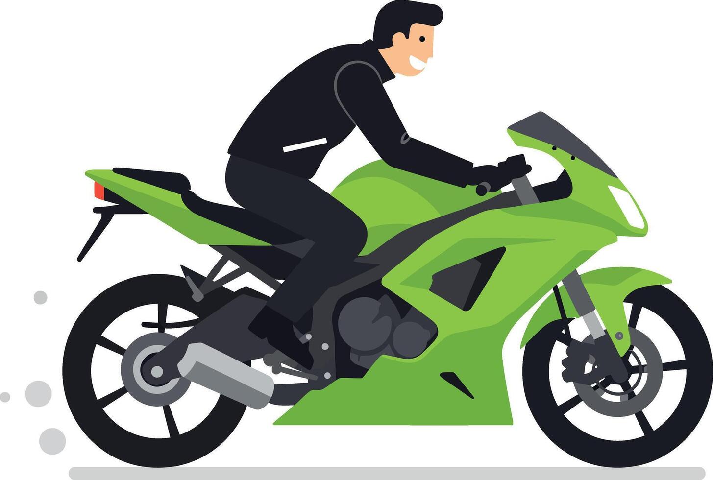 A man riding a vibrant green motorcycle in a dynamic flat illustration vector