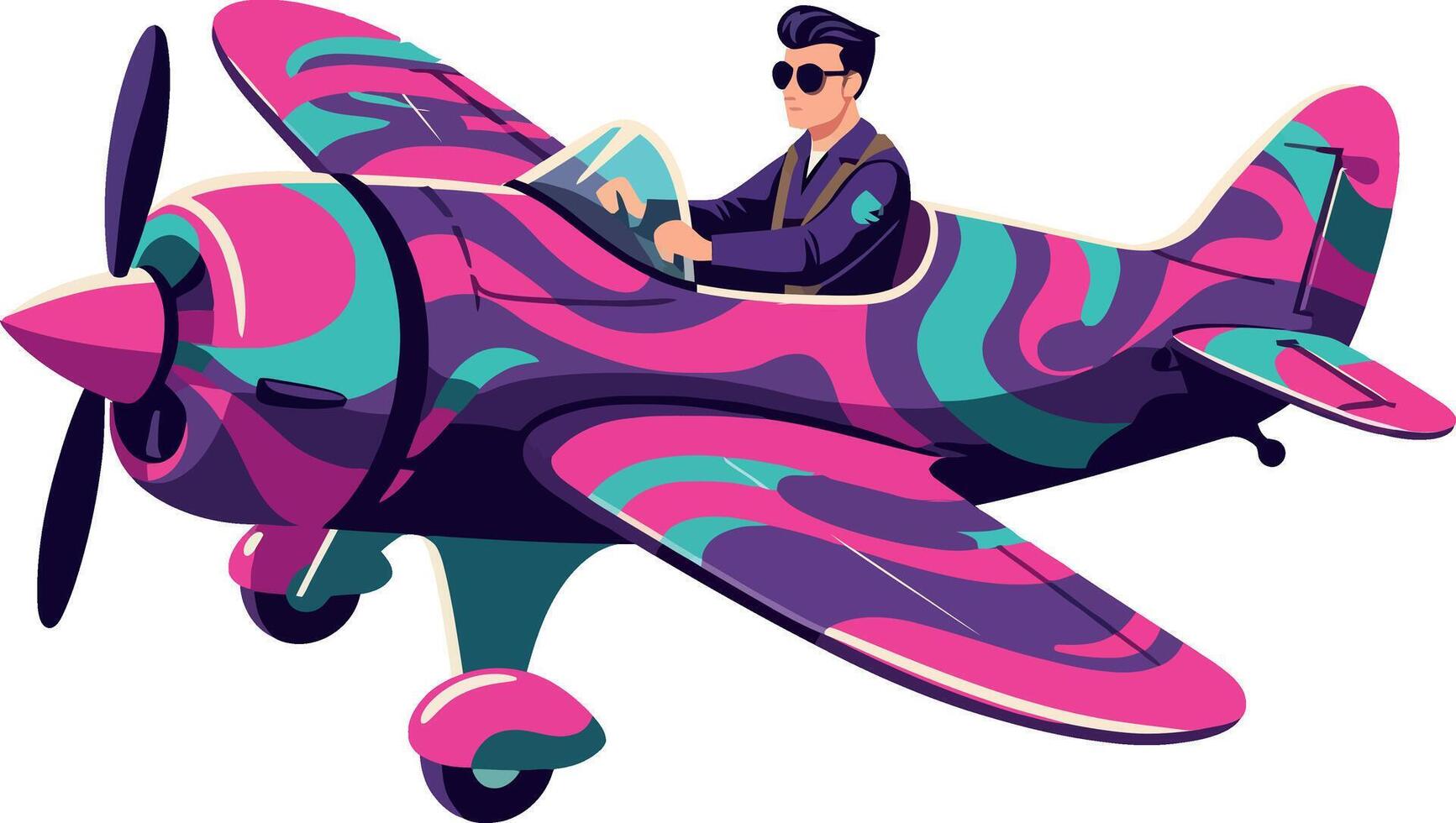 Colorful pilot flying a vintage airplane in a vibrant flat illustration vector