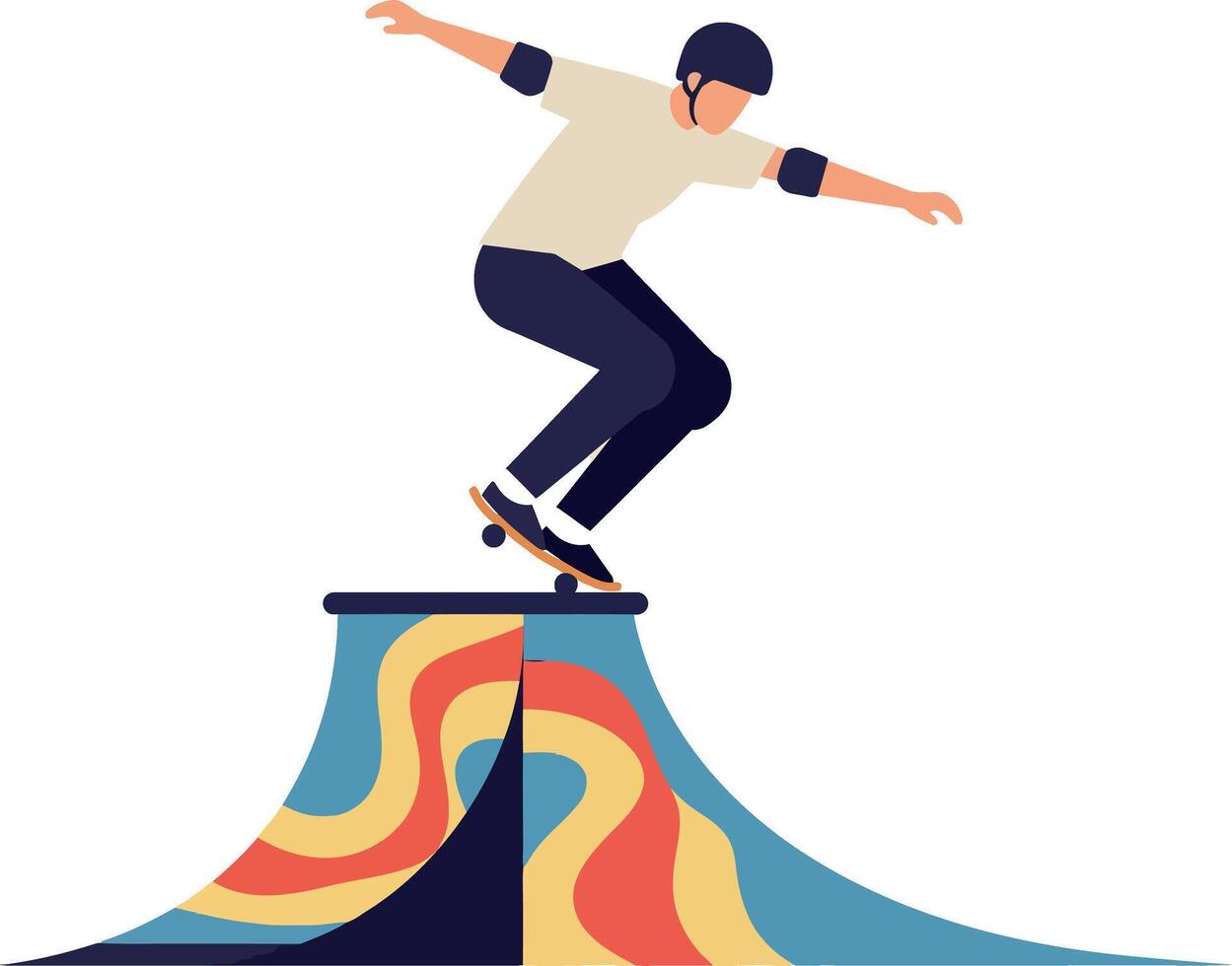 Skateboarder performing an impressive trick on a vibrant half-pipe in flat art vector