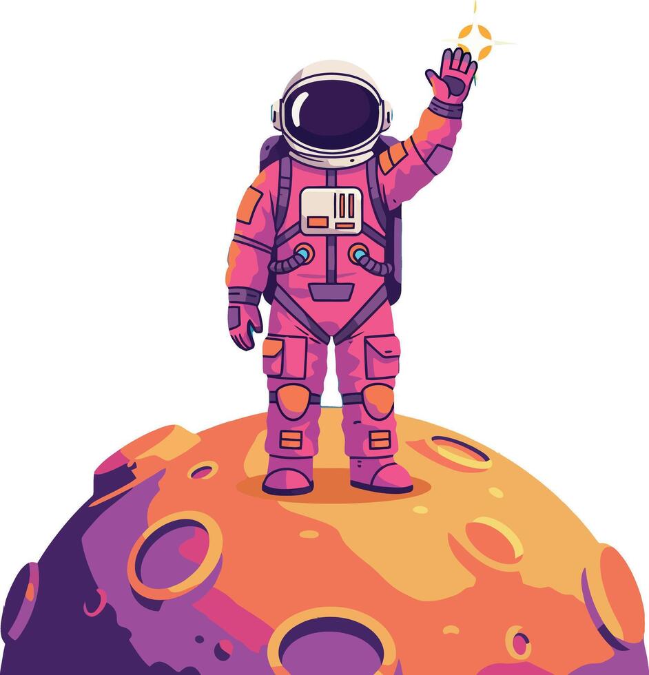 Astronaut waving on a colorful moon surface in a vibrant flat illustration vector