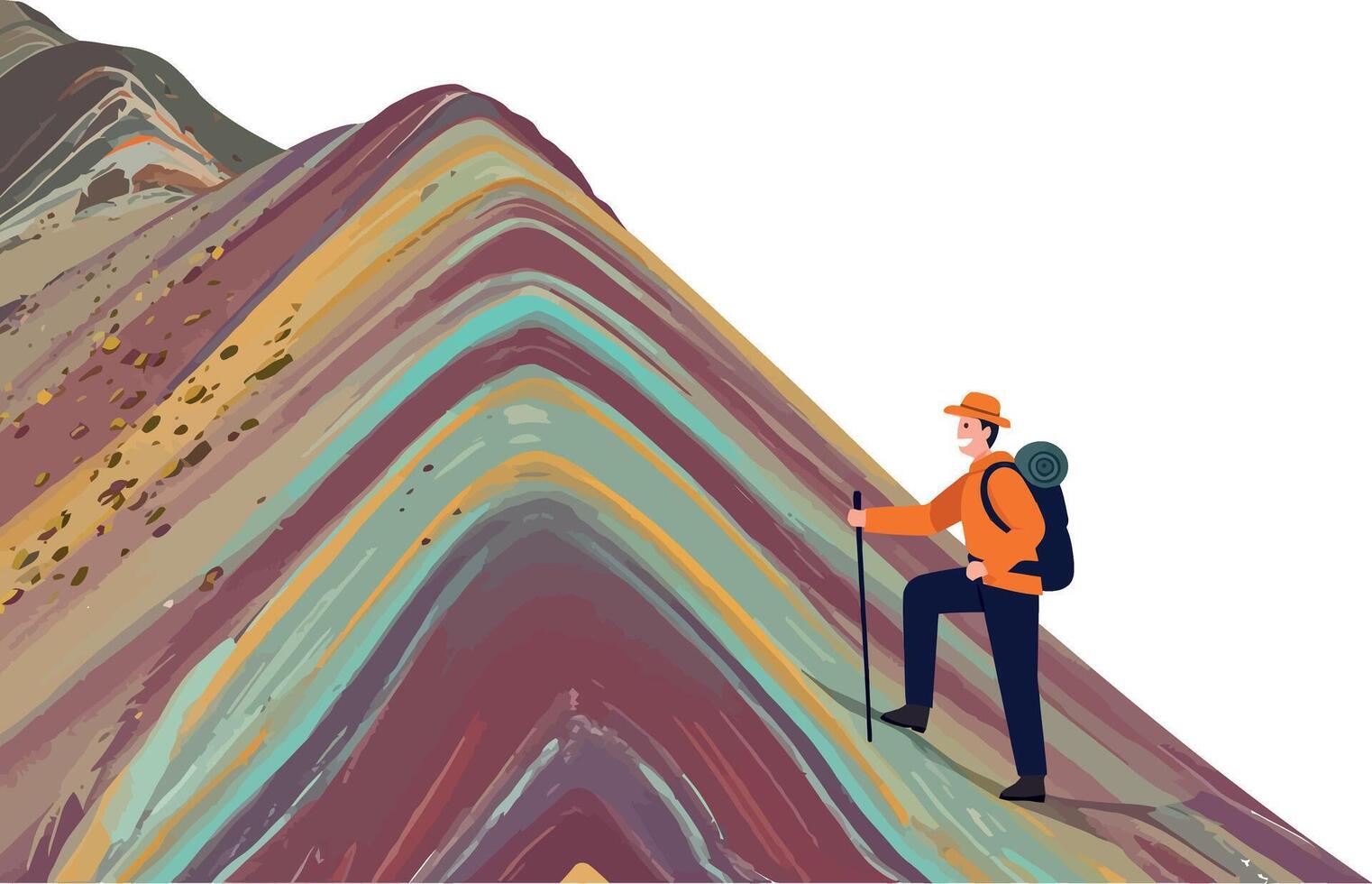 Hiker climbing a colorful mountain ridge in flat design style art vector
