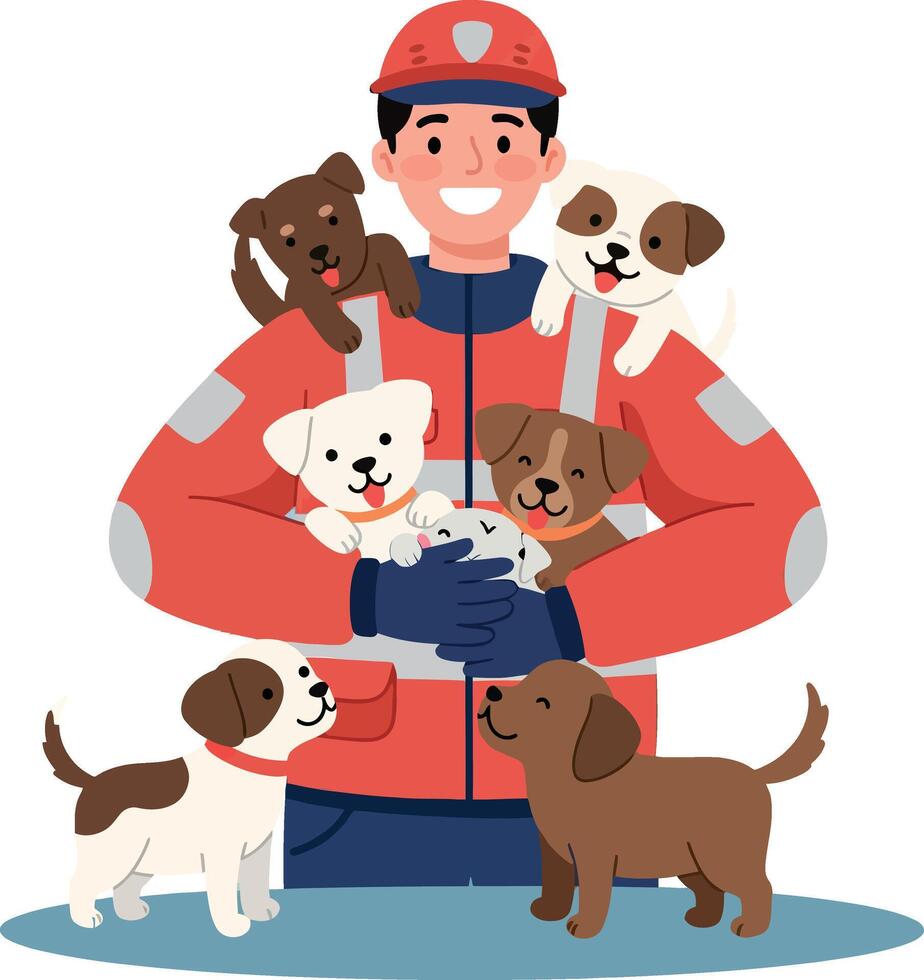A smiling rescuer in a red jacket surrounded by playful puppies in flat art vector