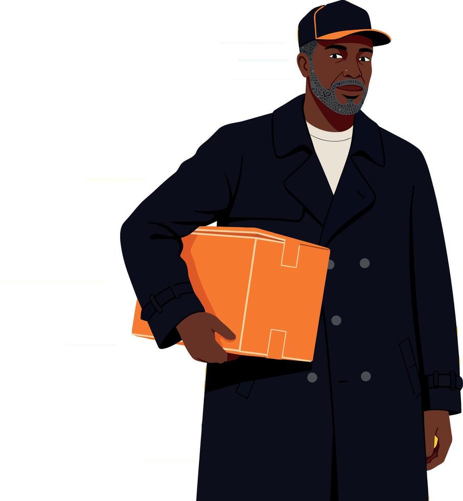 Delivery man in a black coat holding an orange box in a flat illustration vector