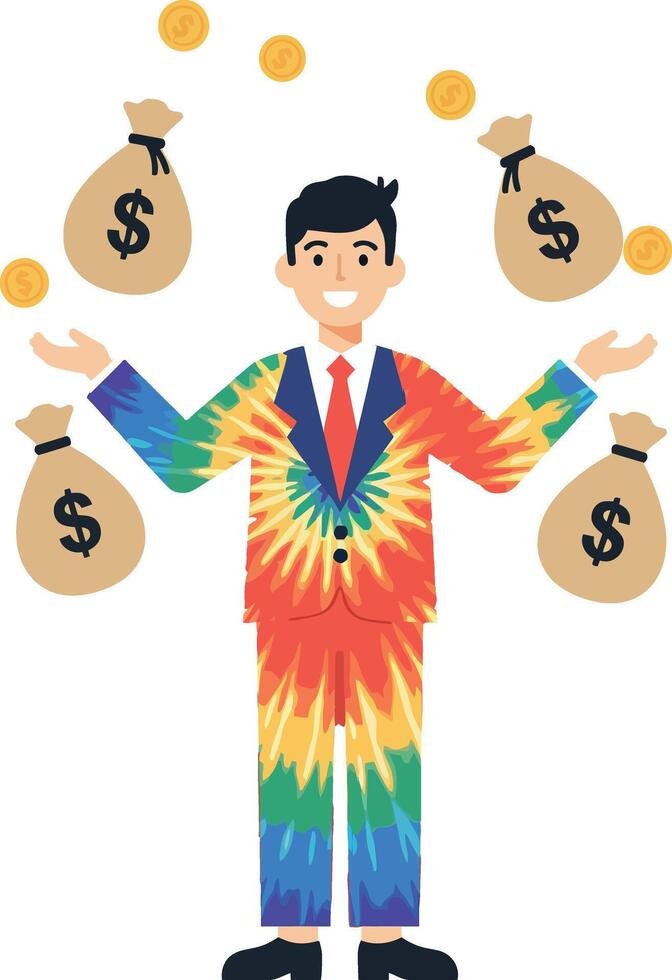 Cheerful businessman in a colorful tie-dye suit juggling money bags and coins in a playful flat illustration vector