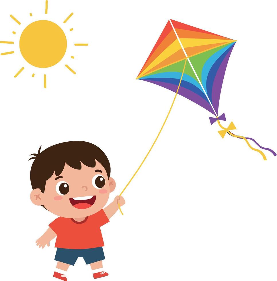Happy child flying a colorful rainbow kite under a bright sun in flat art vector